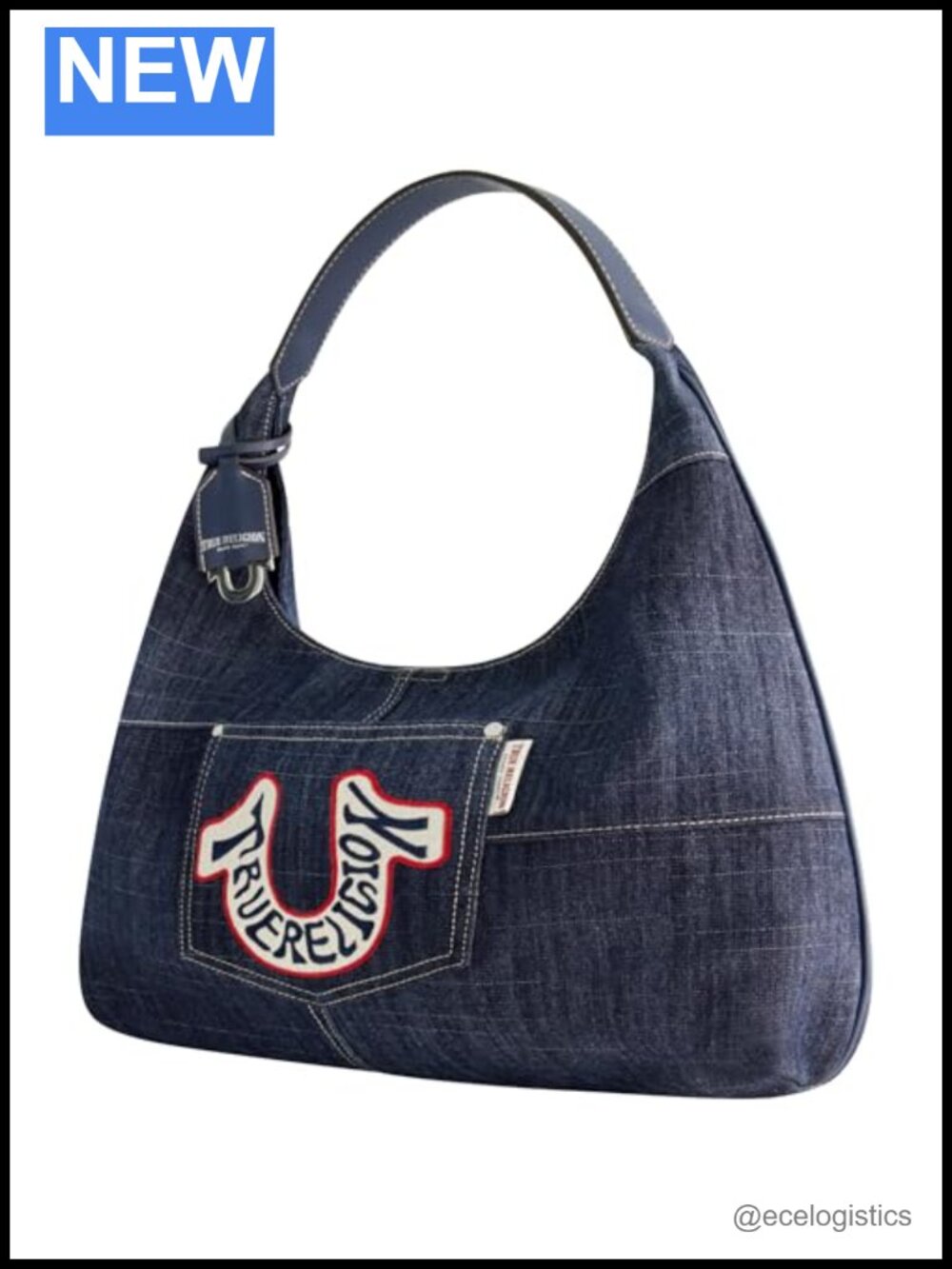 Retro Denim Hobo Bag, Patchwork Design with Horseshoe Logo